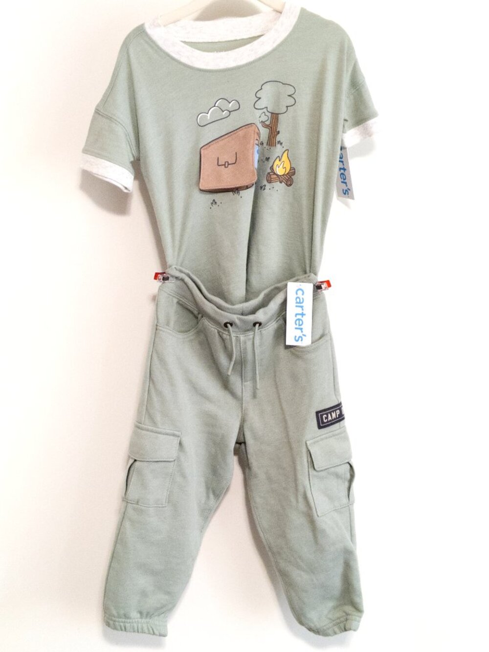 CARTER'S Camp Dino Toddler Boy Cargo Joggers + Shirt Set French Terry 24m 2T NWT